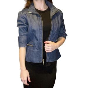White House Black Market Jacket Womens 6 Blue Denim Moto Stretch Zip Pockets XS
